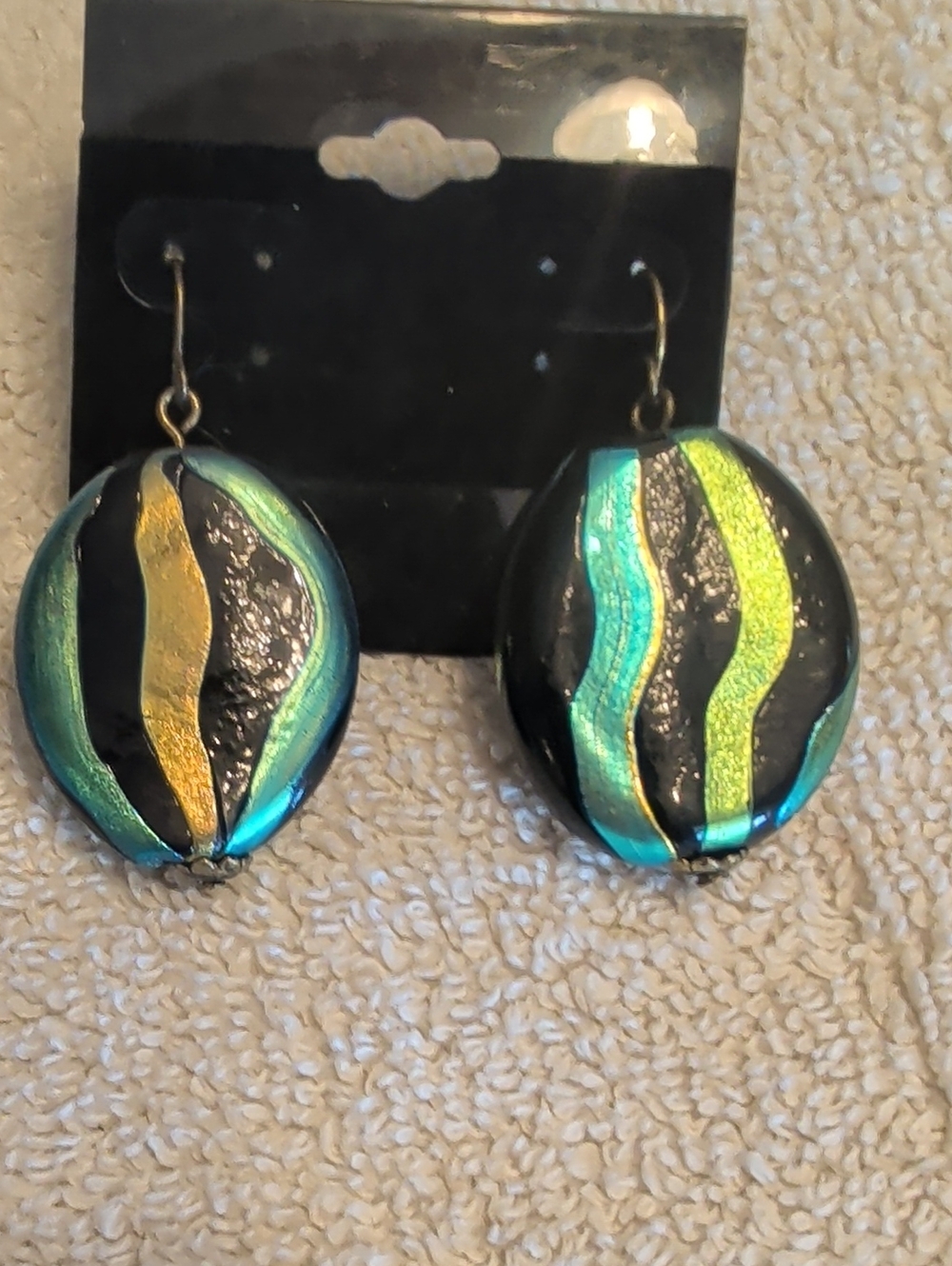 Handcrafted Black Glass Dangle Earrings with Blue and Green Accents